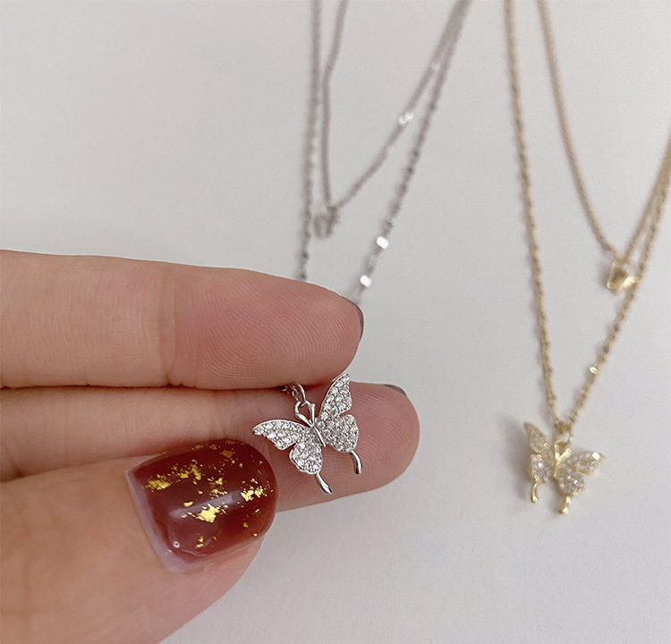 Fashion Double Rhinestone Butterfly Pendent Alloy Necklace display picture 3