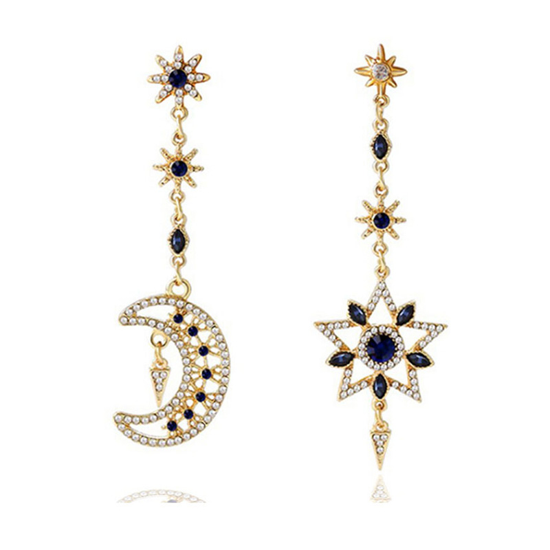 Fashion Full Diamond Rhinestone Asymmetric Star Moon Alloy Earrings display picture 1