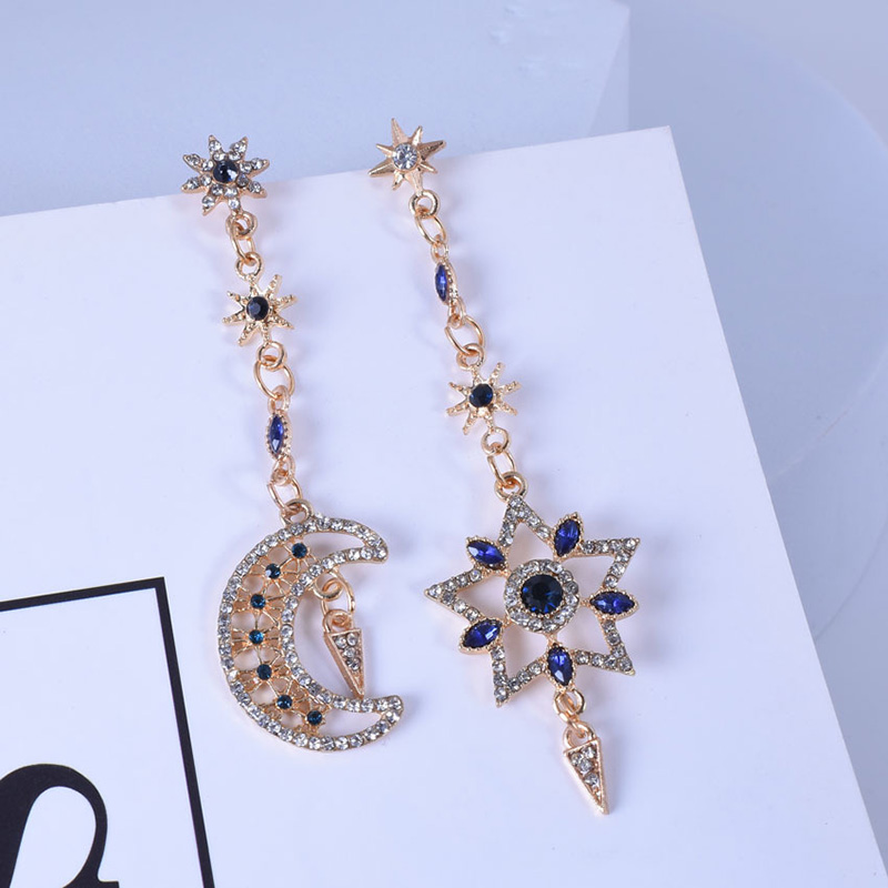 Fashion Full Diamond Rhinestone Asymmetric Star Moon Alloy Earrings display picture 4
