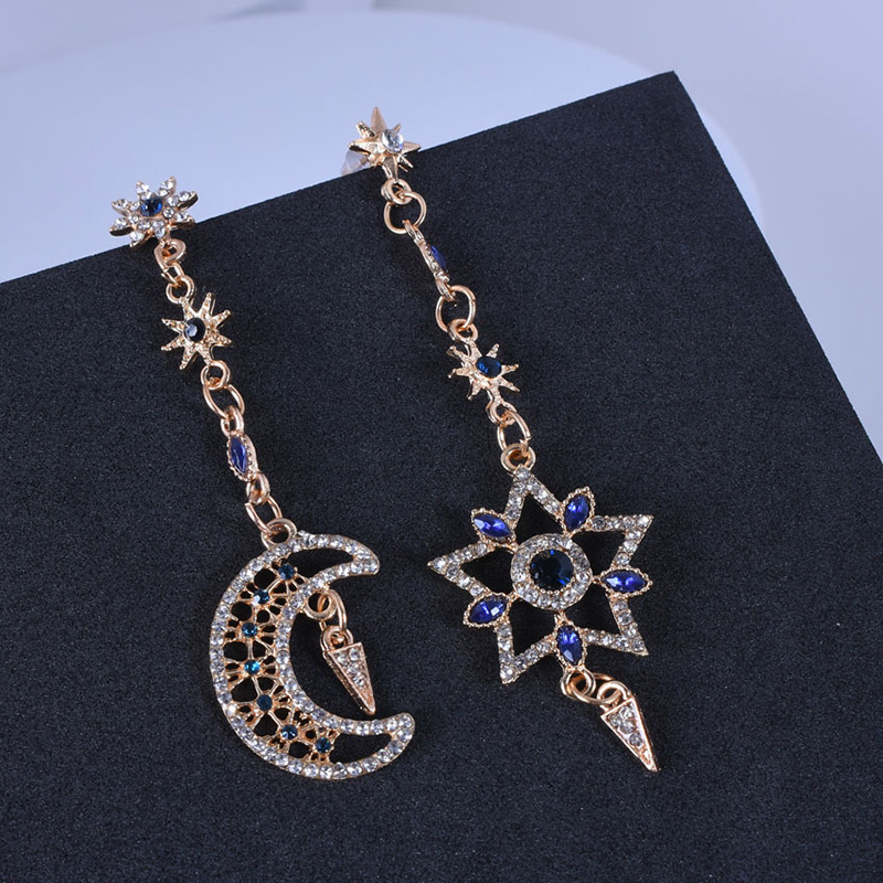Fashion Full Diamond Rhinestone Asymmetric Star Moon Alloy Earrings display picture 7