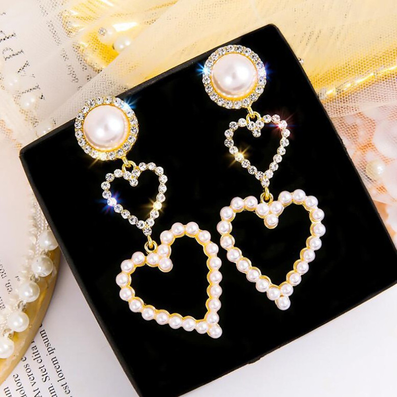Fashion Geometric Pearl Rhinestone Double Heart Long Alloy Earrings display picture 1
