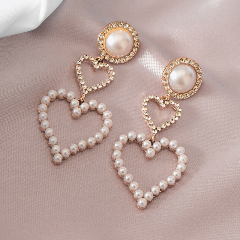 Fashion Geometric Pearl Rhinestone Double Heart Long Alloy Earrings display picture 2