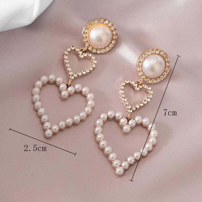 Fashion Geometric Pearl Rhinestone Double Heart Long Alloy Earrings display picture 3