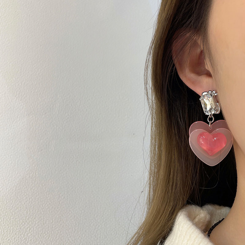 Pink Translucent Korean Love Zircon Earrings Niche Earrings For Women display picture 4