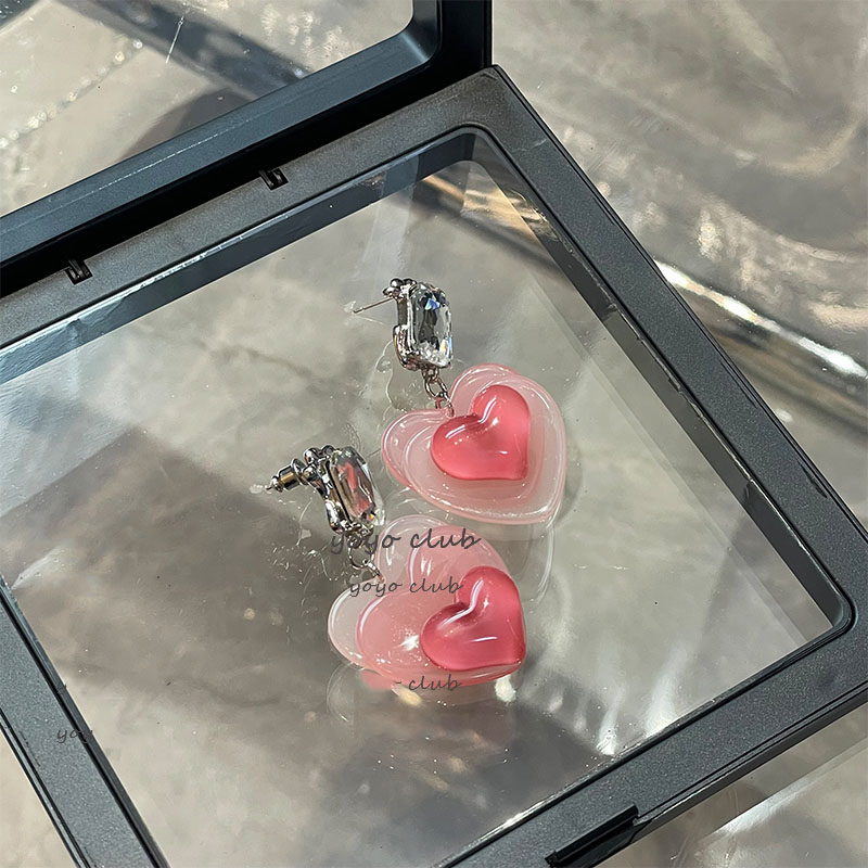 Pink Translucent Korean Love Zircon Earrings Niche Earrings For Women display picture 7