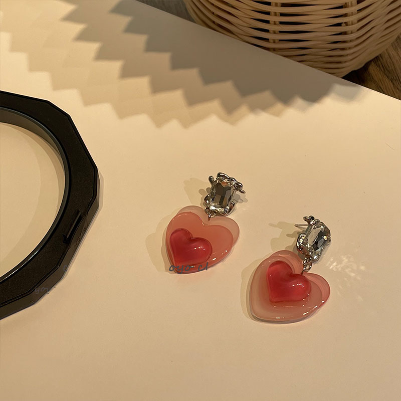 Pink Translucent Korean Love Zircon Earrings Niche Earrings For Women display picture 8