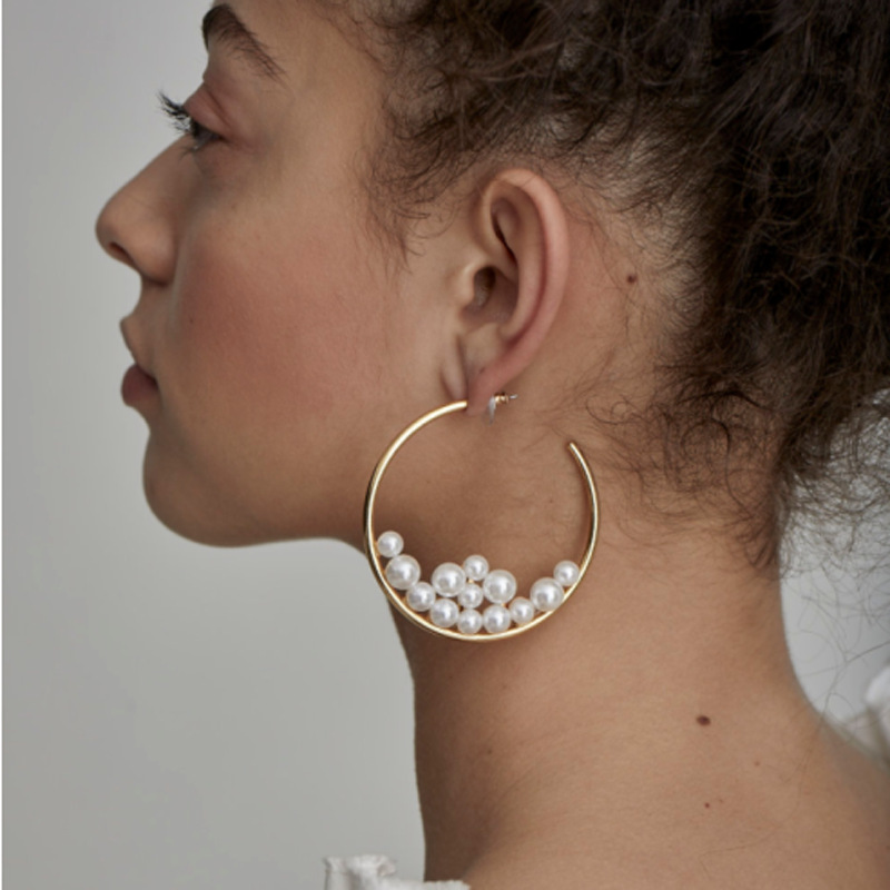 Cross-border Fashion Ol Jewelry Pearl Beaded Ring Earrings Rice Bead Alloy Geometric Earrings display picture 3
