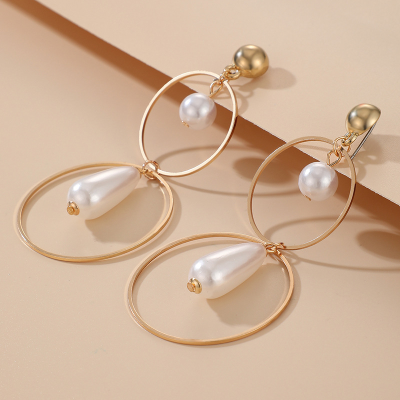 Cross-border Fashion Ol Jewelry Pearl Beaded Ring Earrings Rice Bead Alloy Geometric Earrings display picture 9