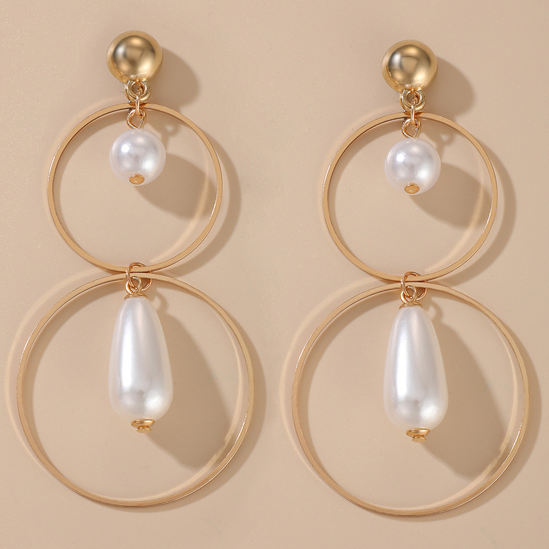 Cross-border Fashion Ol Jewelry Pearl Beaded Ring Earrings Rice Bead Alloy Geometric Earrings display picture 10