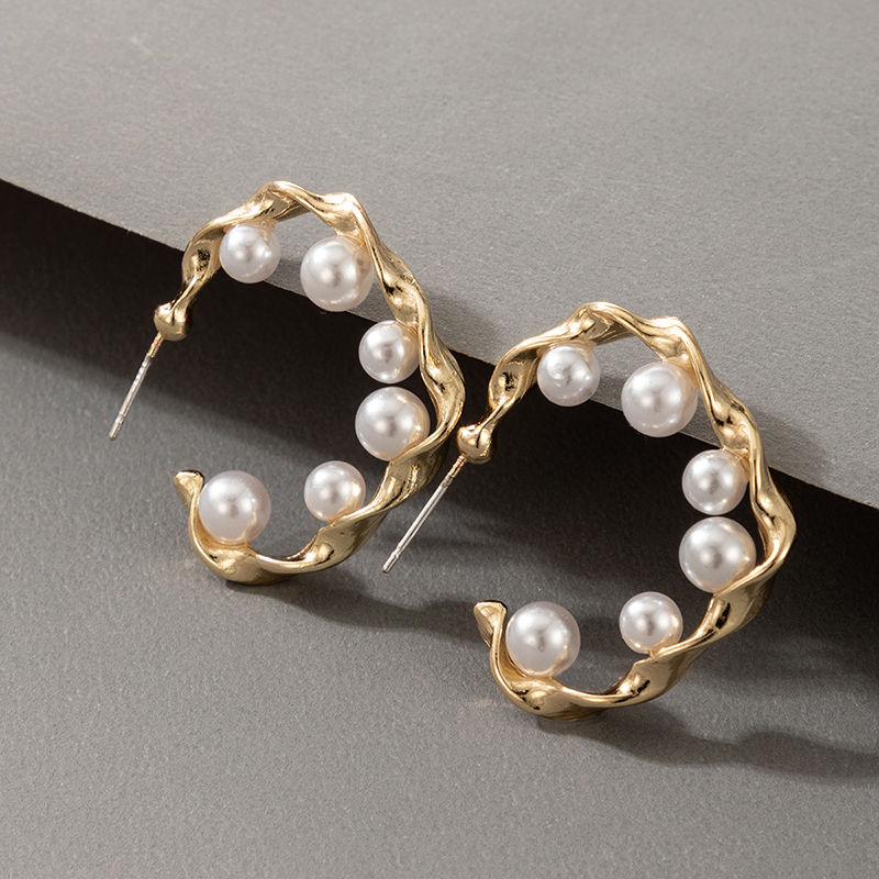 Cross-border Fashion Ol Jewelry Pearl Beaded Ring Earrings Rice Bead Alloy Geometric Earrings display picture 17