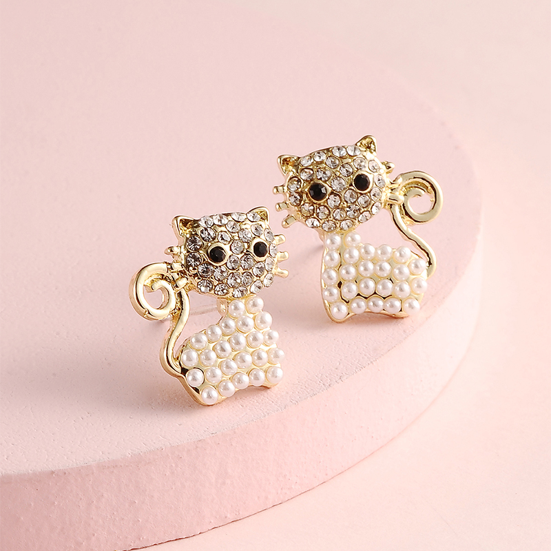 Boucles D'oreilles Asymétriques De Chat De Perle Strass De Mode display picture 1