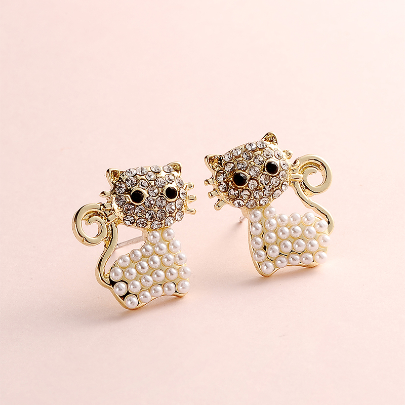 Fashion Rhinestone Pearl Asymmetric Cat Stud Earrings display picture 3