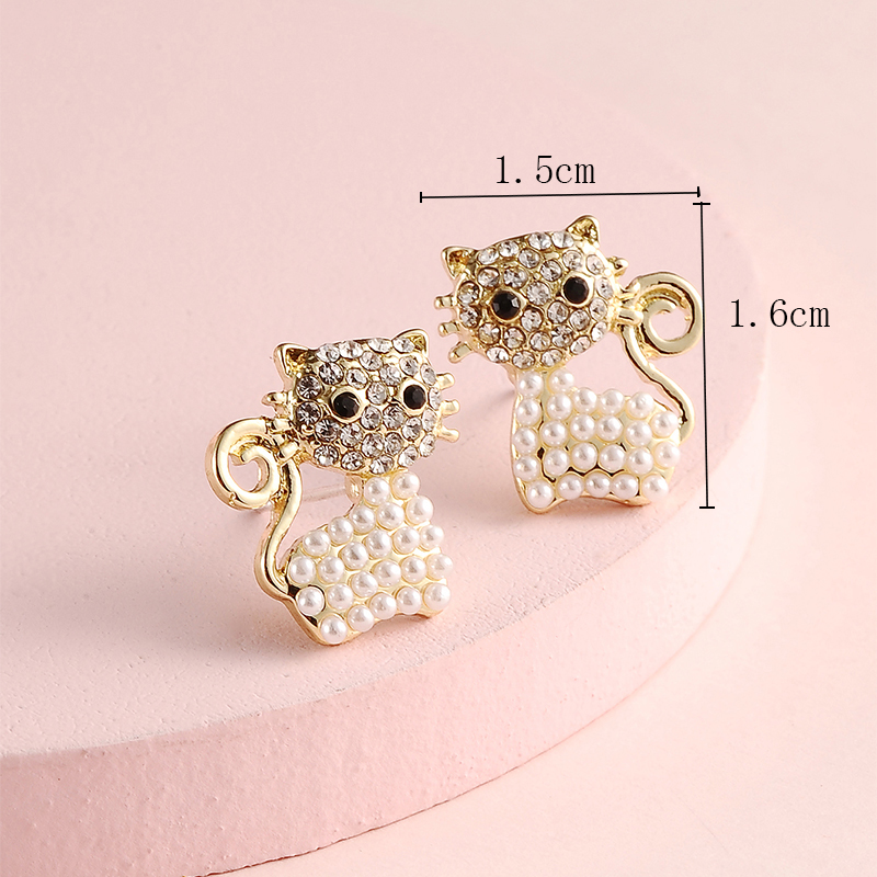Fashion Rhinestone Pearl Asymmetric Cat Stud Earrings display picture 5