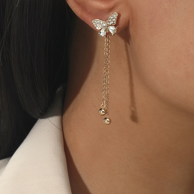 Simple Rhinestone Crystal Tassel Butterfly Earrings display picture 1