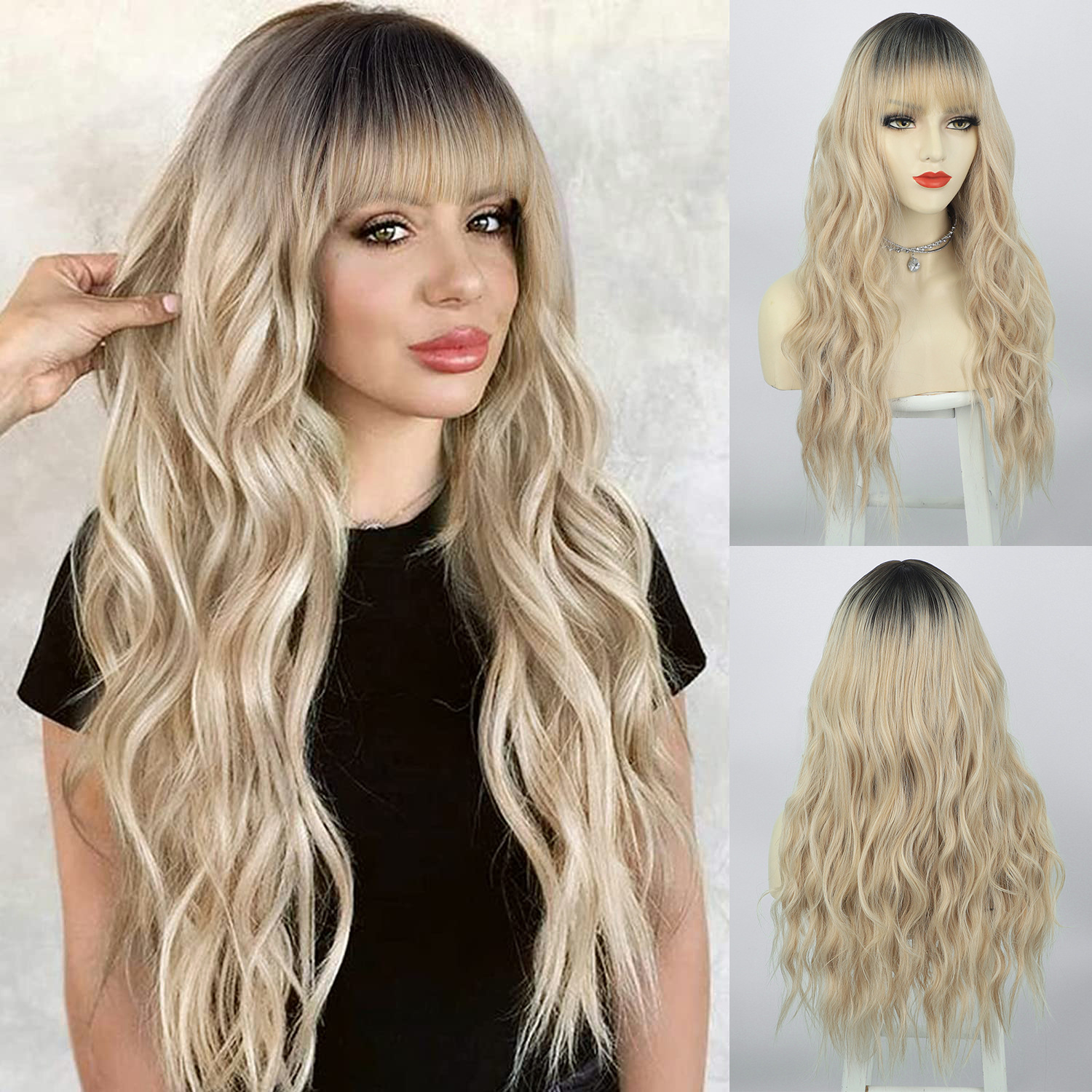 Wigs European And American Ladies Wigs Two-color Bangs Qi Bangs Long Curly Hair Big Wave Head Cover Chemical Fiber Wigs Wigs display picture 1