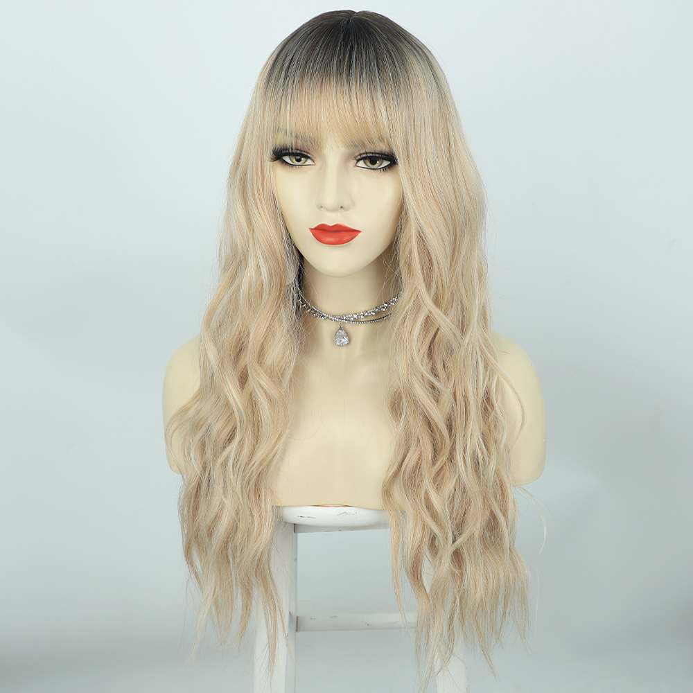 Wigs European And American Ladies Wigs Two-color Bangs Qi Bangs Long Curly Hair Big Wave Head Cover Chemical Fiber Wigs Wigs display picture 5
