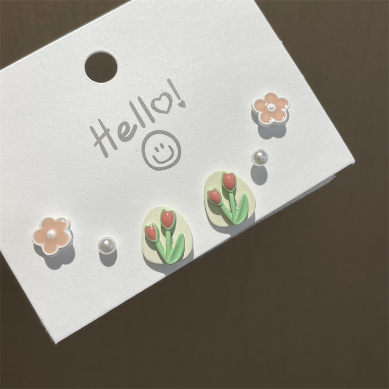 Early Spring Tulip Six-piece Earrings Set Sweet Ins Style Student Earrings Niche Design Exquisite Earrings display picture 1