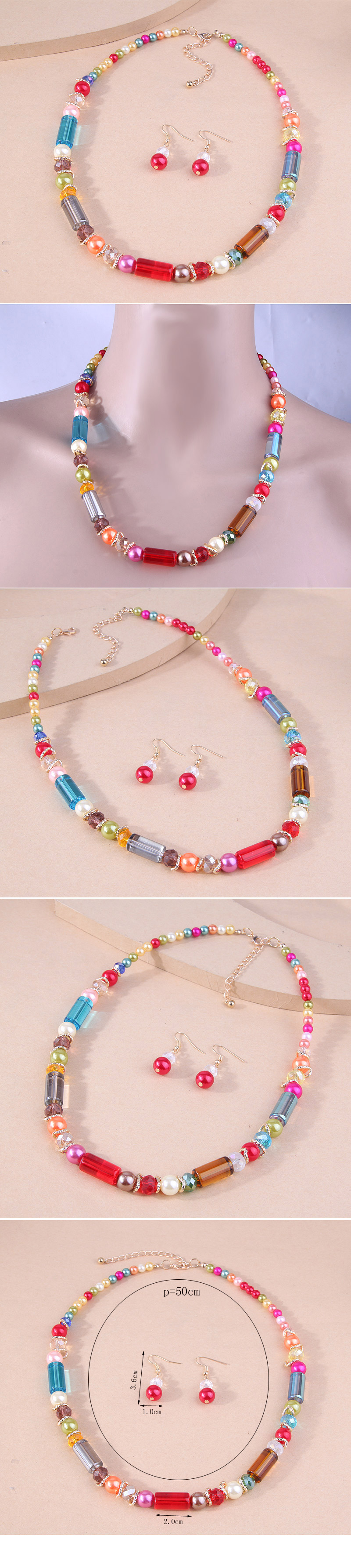 European And American Fashion All-match Colorful Pearl Crystal Beads Temperament Women&#39;s Necklace Earrings Set display picture 1