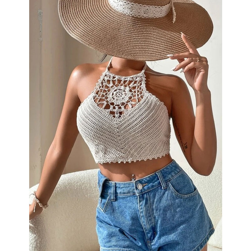 New Fashion Women's Summer Tie Halter Crocheted Cutout Sling Top display picture 3