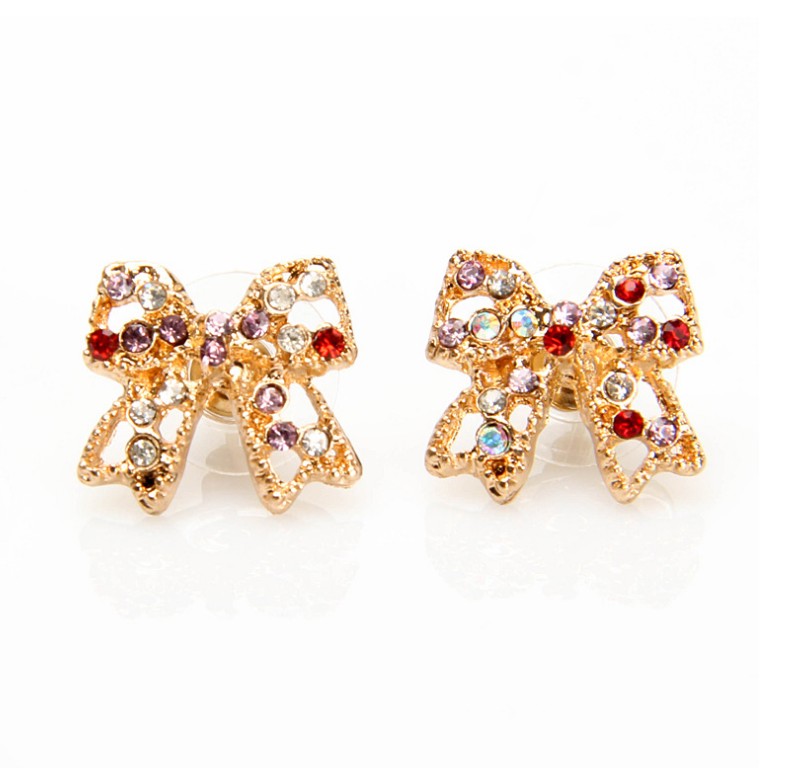 Sweet Cute Inlay Diamonds Bowknot Colorful Crystals Stud Earrings display picture 1