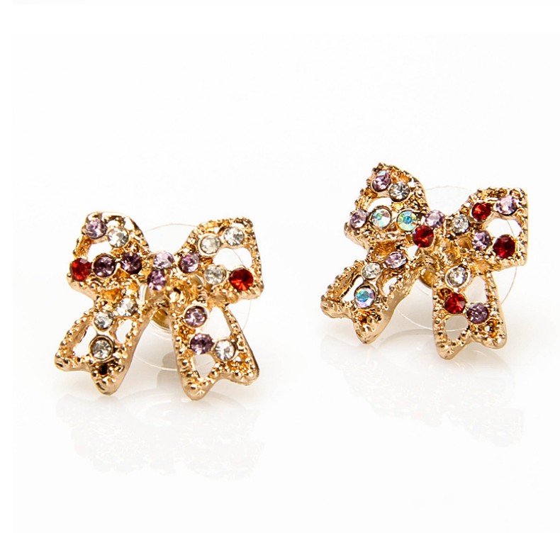 Sweet Cute Inlay Diamonds Bowknot Colorful Crystals Stud Earrings display picture 2