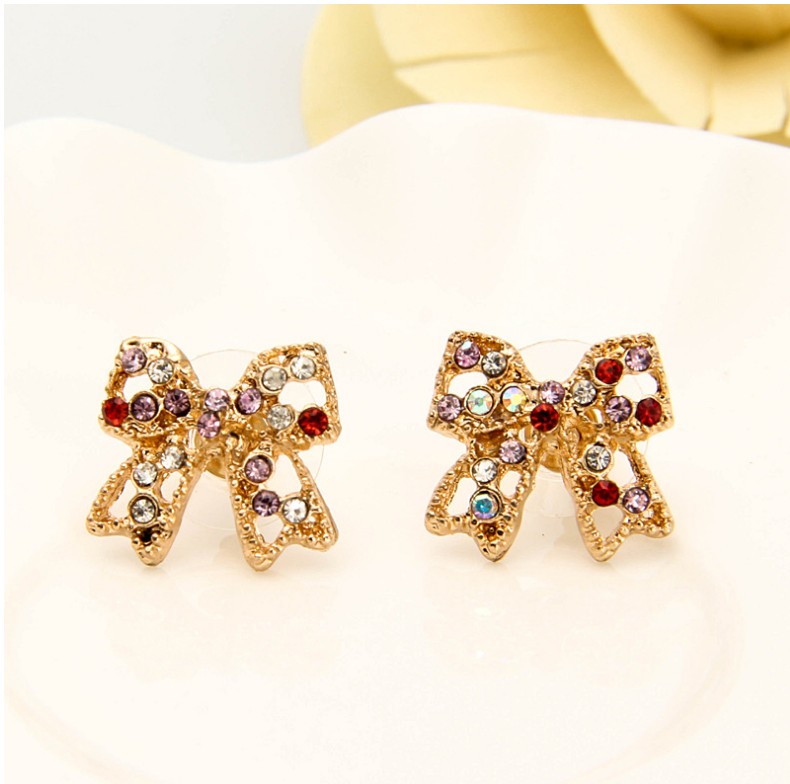 Sweet Cute Inlay Diamonds Bowknot Colorful Crystals Stud Earrings display picture 4
