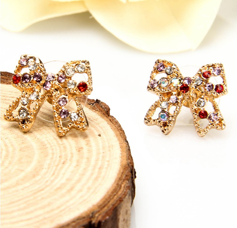 Sweet Cute Inlay Diamonds Bowknot Colorful Crystals Stud Earrings display picture 5