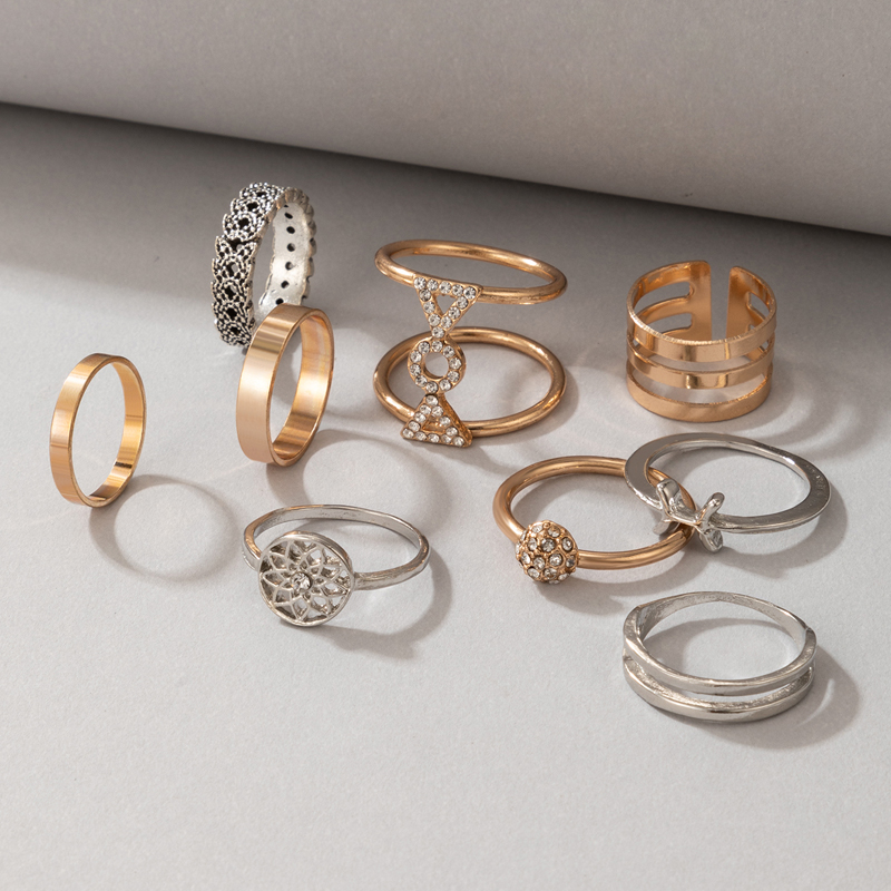Simple Metal Glossy Diamond-studded Geometry Ring Nine-piece Set display picture 2