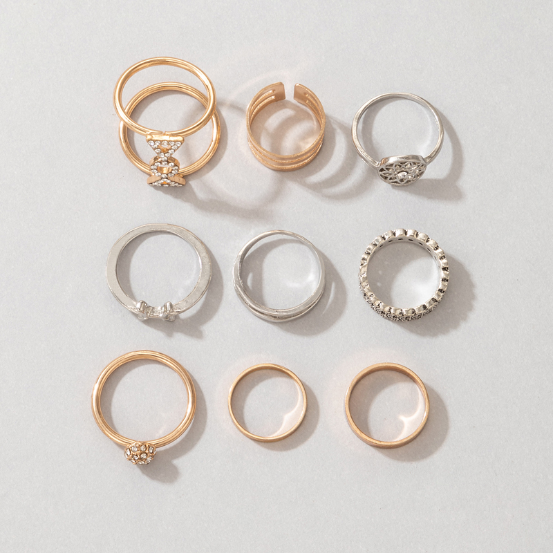Simple Metal Glossy Diamond-studded Geometry Ring Nine-piece Set display picture 3