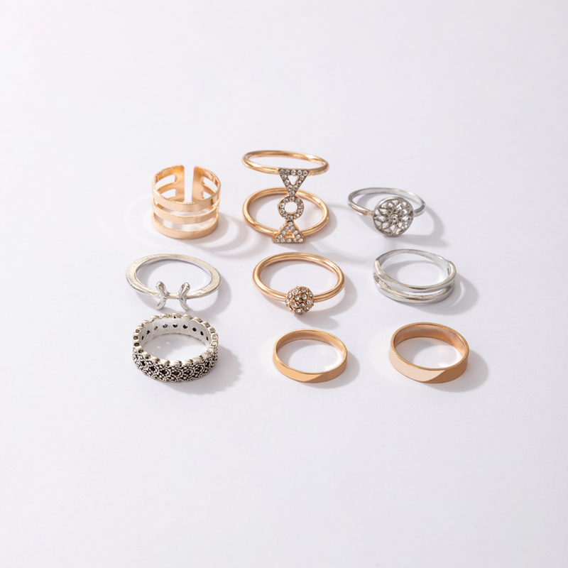 Simple Metal Glossy Diamond-studded Geometry Ring Nine-piece Set display picture 5