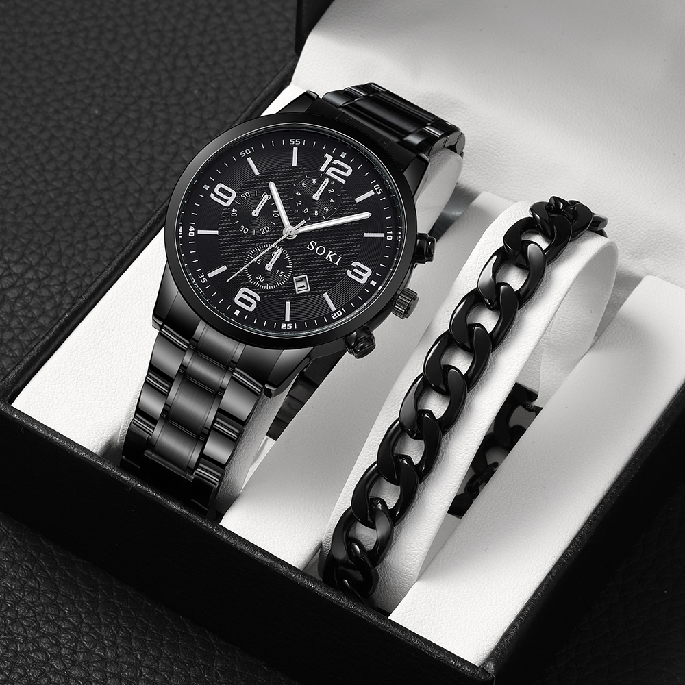 Men's Business Fashion Outdoor Three-eye Watch Steel Belt Quartz Watch Chain Bracelet Set display picture 1