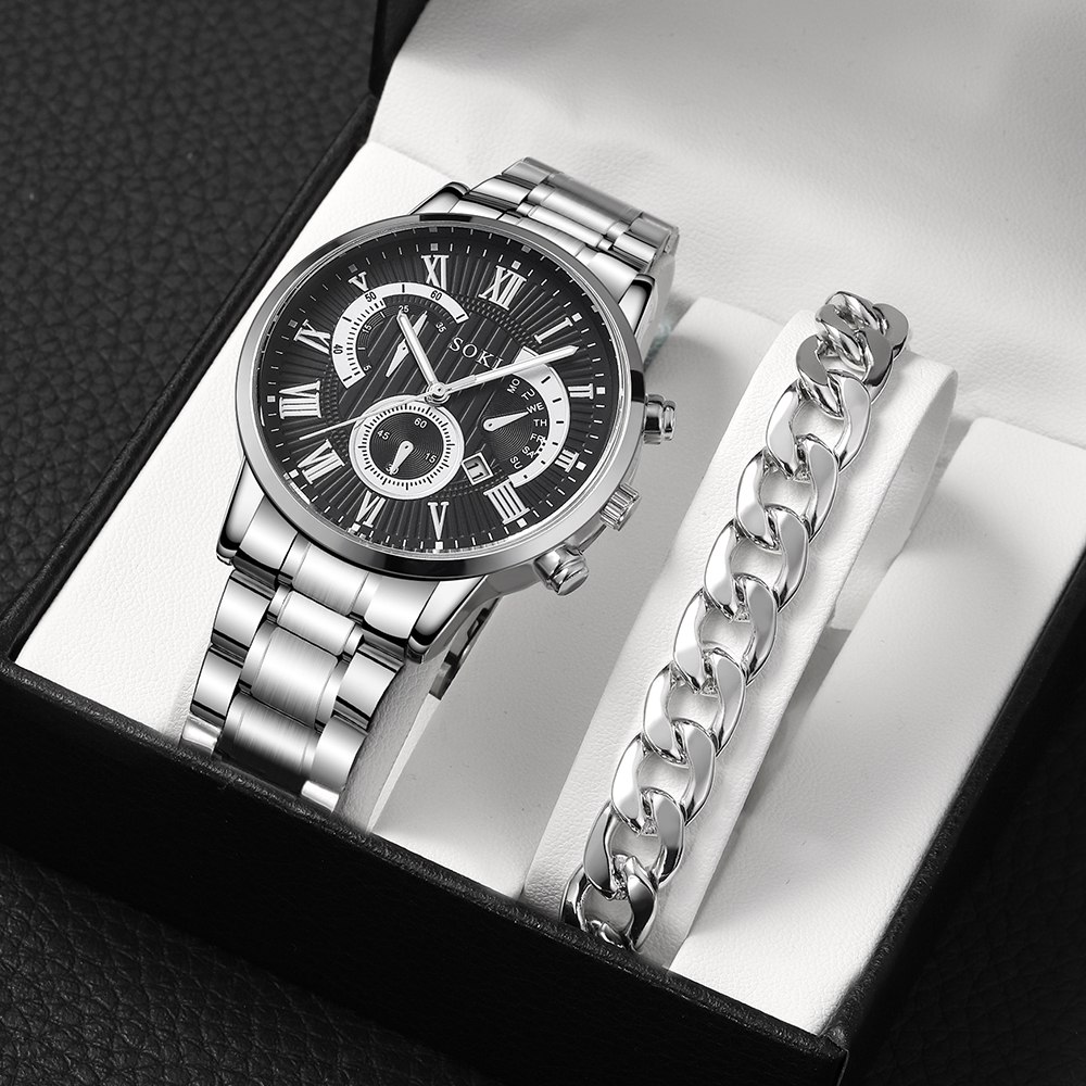 Men's Suit Business Fashion Outdoor Roman Surface Steel Belt Quartz Watch Chain Bracelet Set display picture 1