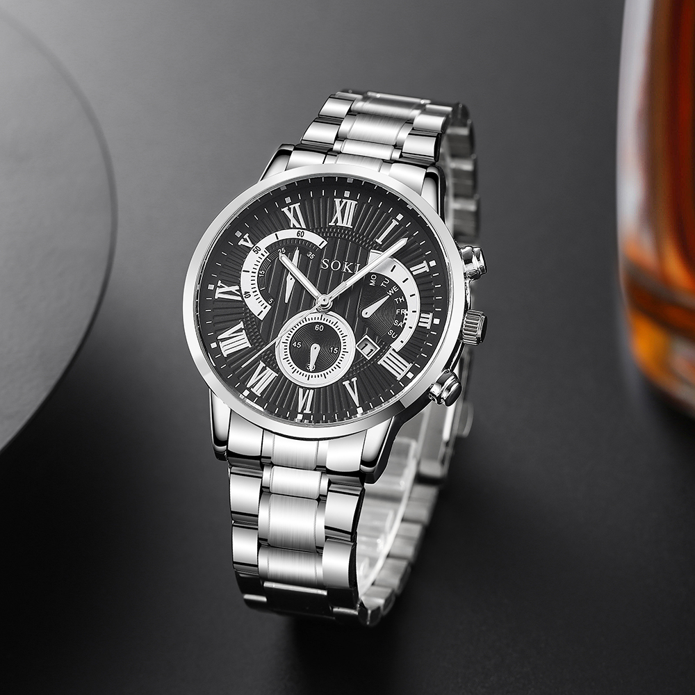 Men's Suit Business Fashion Outdoor Roman Surface Steel Belt Quartz Watch Chain Bracelet Set display picture 4