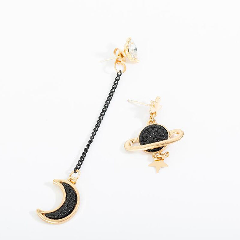 Fashion Creative Star Moon Asymmetric Black Planet Long Alloy Earrings display picture 2