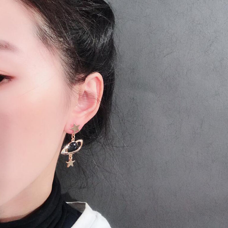 Fashion Creative Star Moon Asymmetric Black Planet Long Alloy Earrings display picture 4