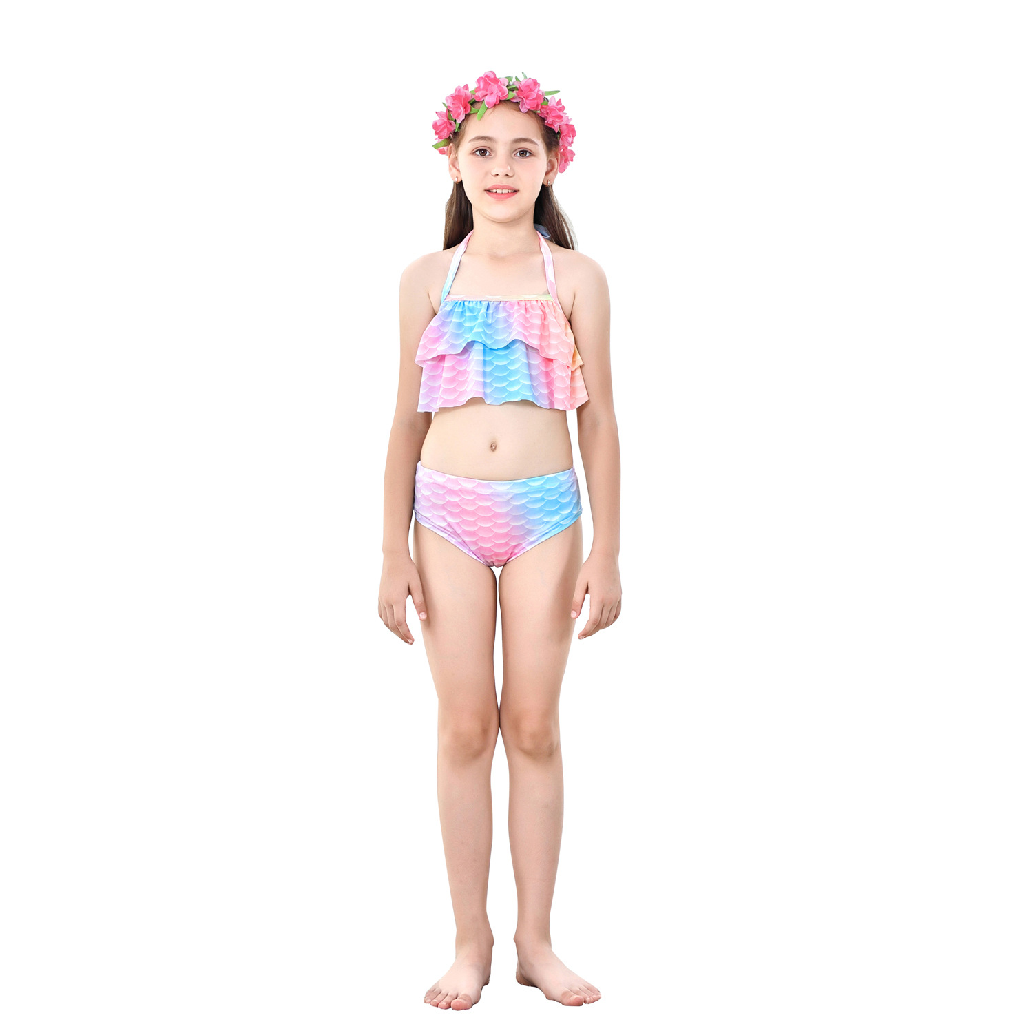 Children's Mermaid Swimsuit Mermaid Tail Beach Vacation Swimwear Color Strap Three-piece Set display picture 2