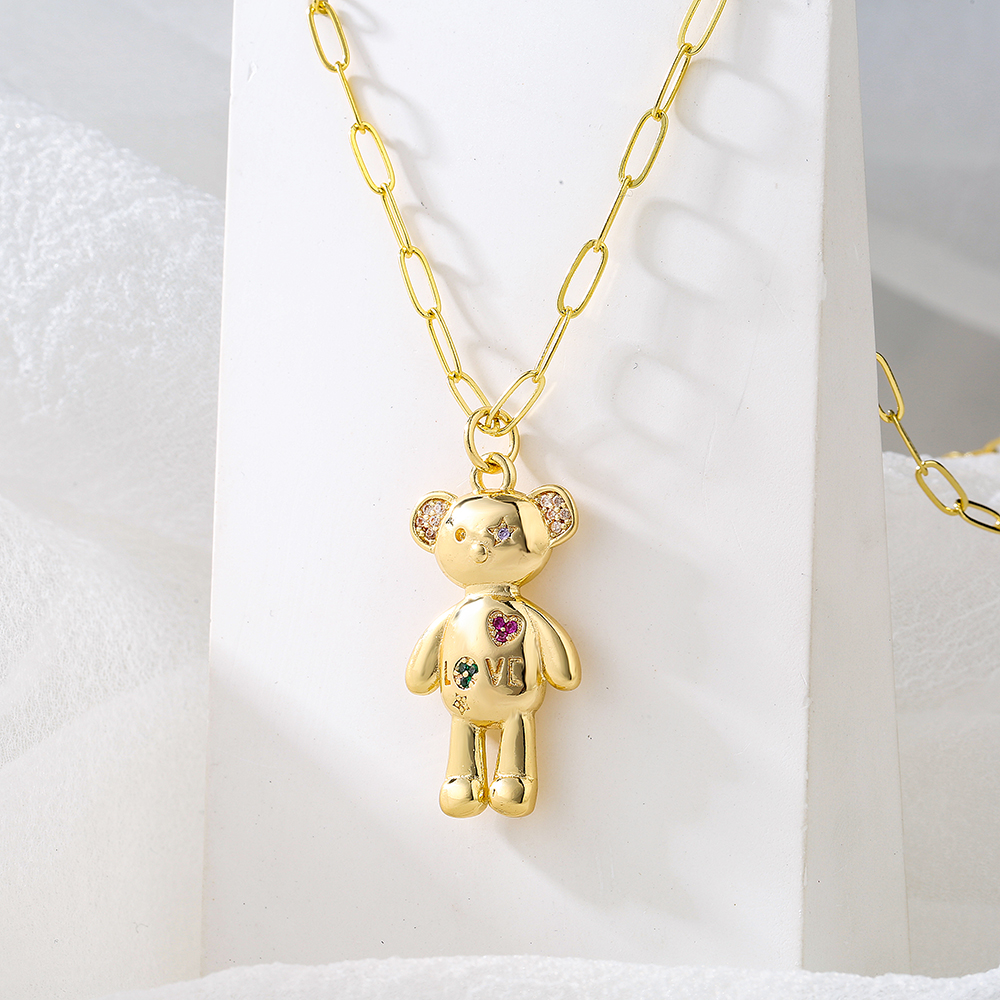 Fashion Cute Bear Moon Pendant Plating 18k Gold Micro Inlaid Zircon Copper Necklace display picture 2
