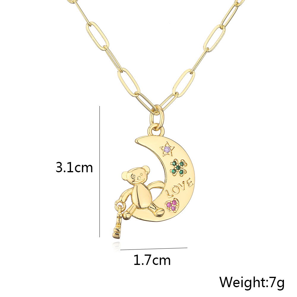Fashion Cute Bear Moon Pendant Plating 18k Gold Micro Inlaid Zircon Copper Necklace display picture 3