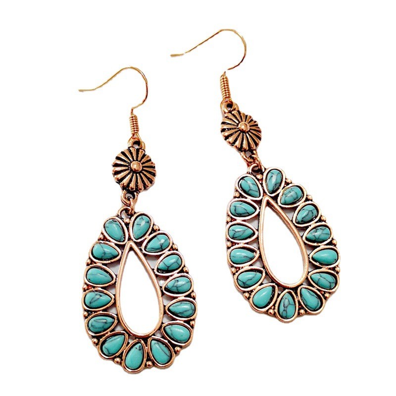 Retro Style Hollow Water Drop Shape Inlaid Turquoise Pendant Earrings display picture 4