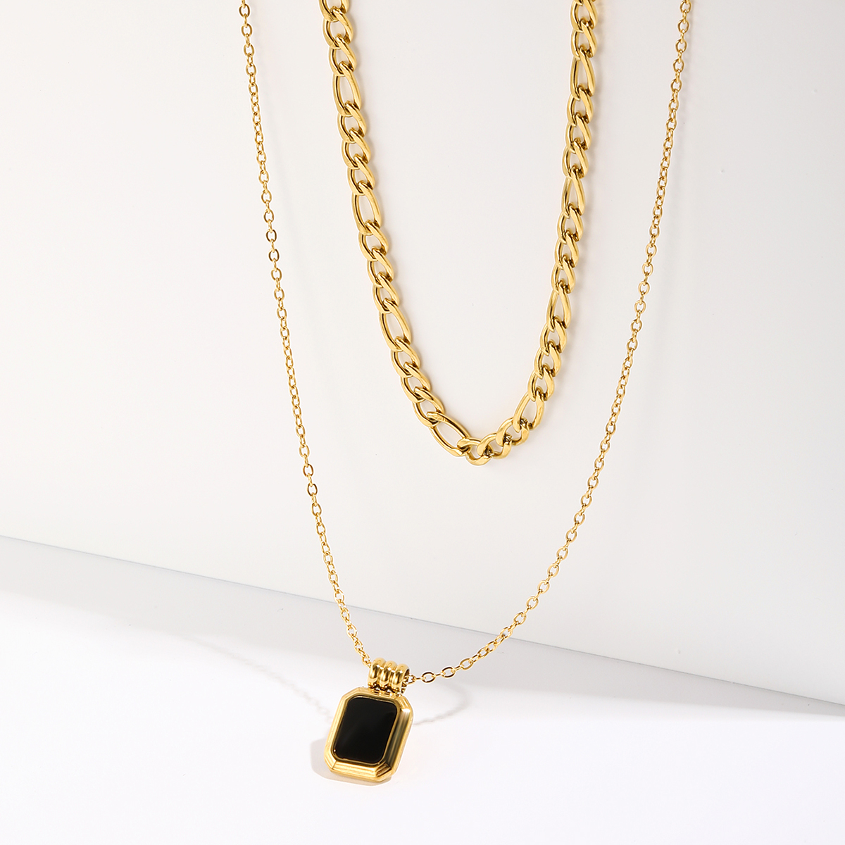 2022 New Style Stainless Steel 18k Gold Plating Black Oil Dripping Pendant Double-layer Necklace display picture 1