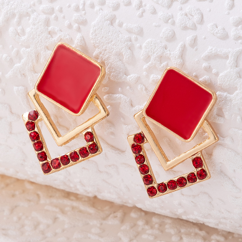 New Style Multi-layer Red Square Inlaid Diamond Dripping Oil Stud Earrings display picture 3