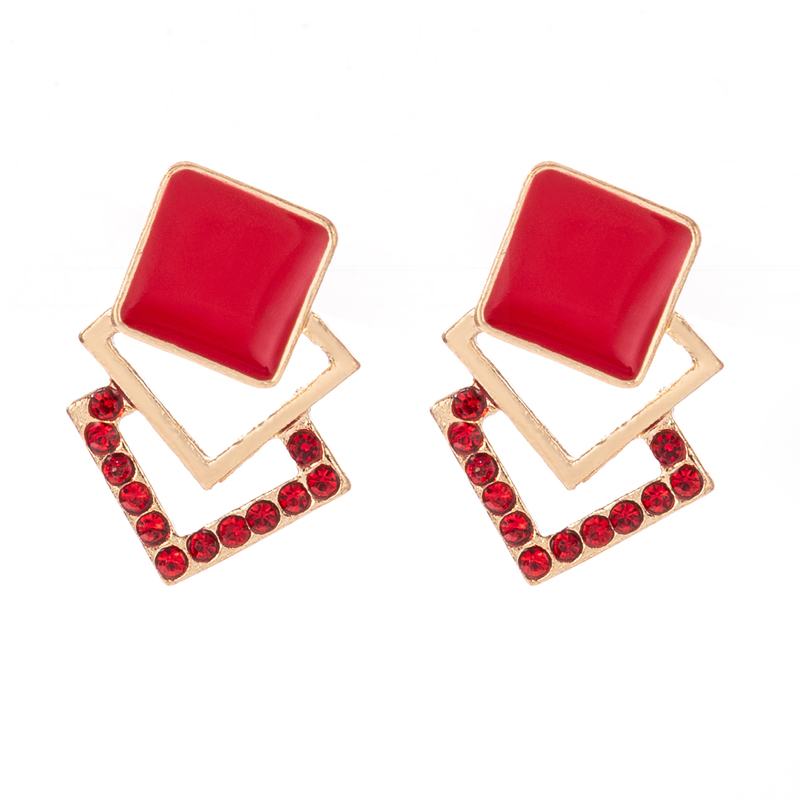 New Style Multi-layer Red Square Inlaid Diamond Dripping Oil Stud Earrings display picture 4