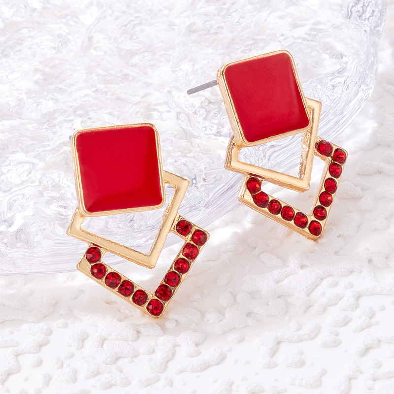 New Style Multi-layer Red Square Inlaid Diamond Dripping Oil Stud Earrings display picture 5