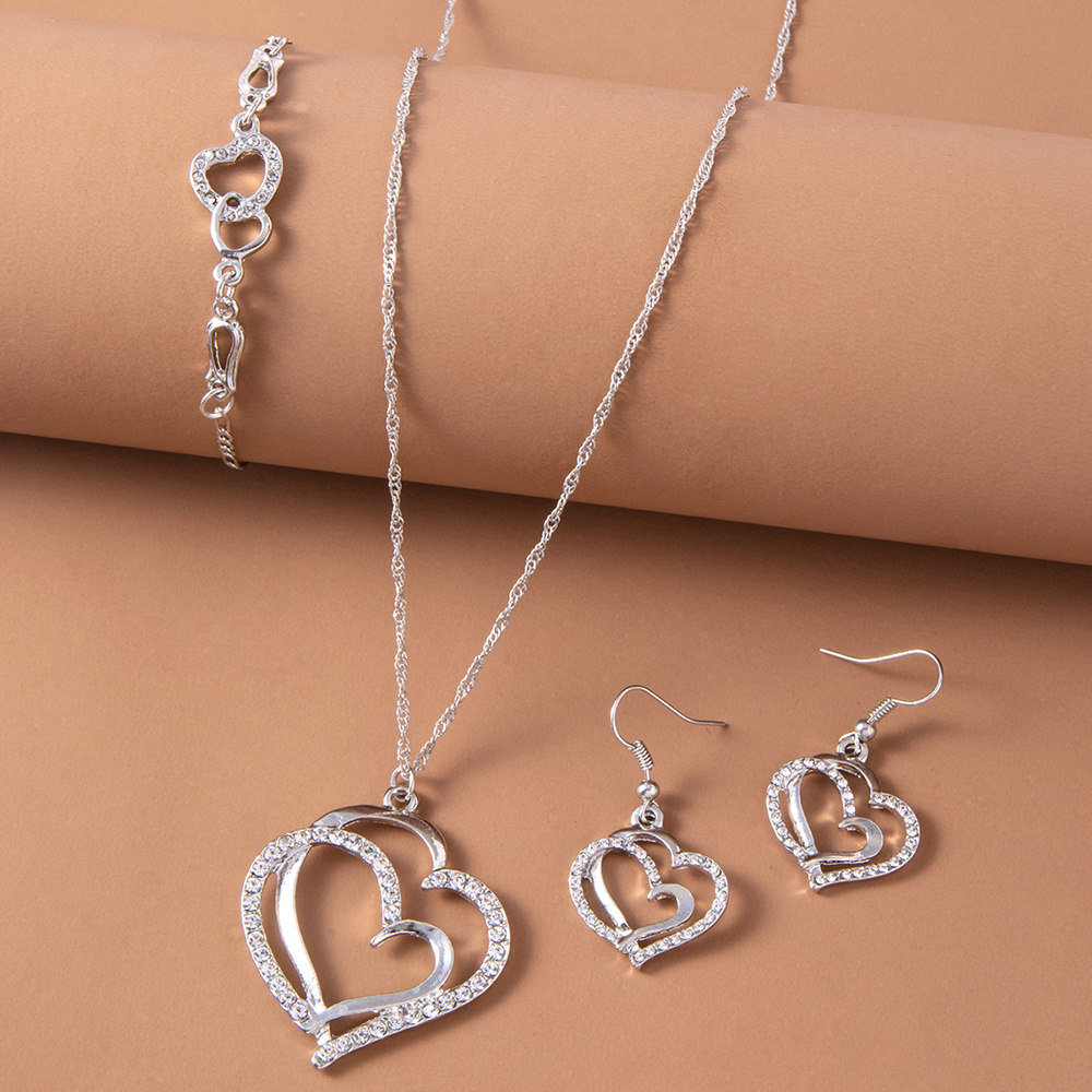 Fashion Double Heart-shaped Earrings Necklace Bracelet Set Diamond Wedding Accessories display picture 1