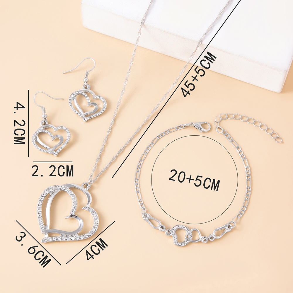 Fashion Double Heart-shaped Earrings Necklace Bracelet Set Diamond Wedding Accessories display picture 2