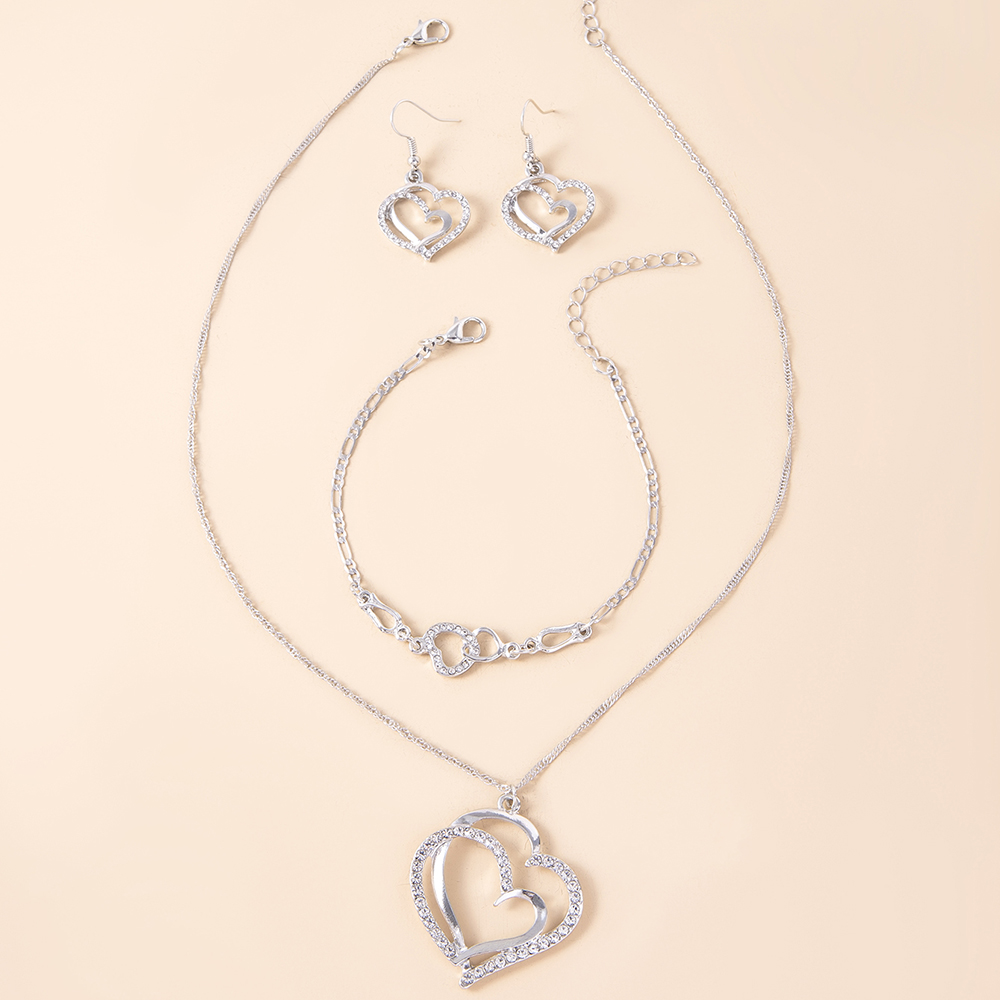 Moda Doble Corazón En Forma De Pendientes Collar Pulsera Conjunto Diamante Boda Accesorios display picture 3