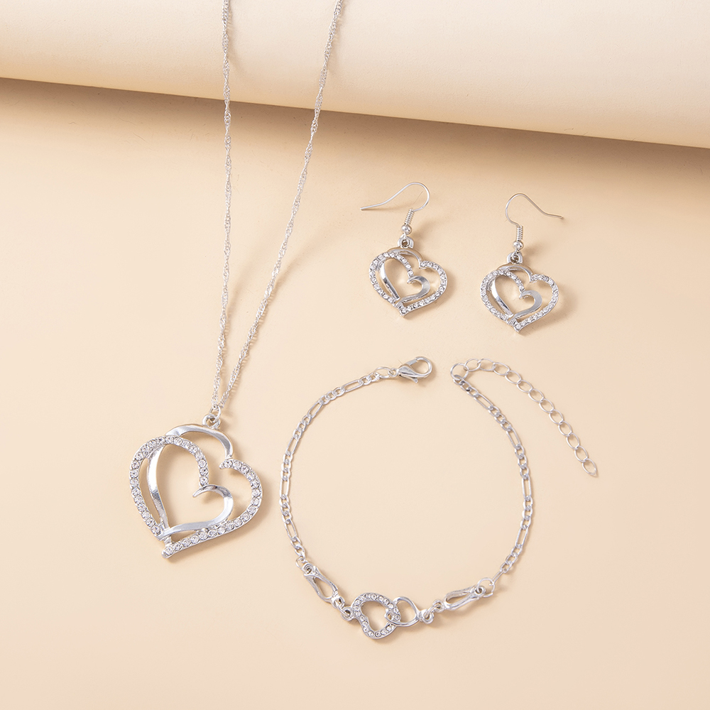 Fashion Double Heart-shaped Earrings Necklace Bracelet Set Diamond Wedding Accessories display picture 4
