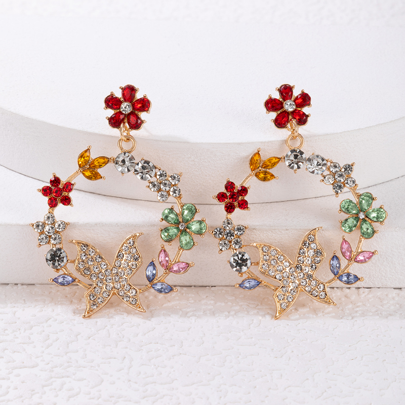 New Style Geometric Garland Colorful Flower Butterfly Rhinestone Earrings display picture 5