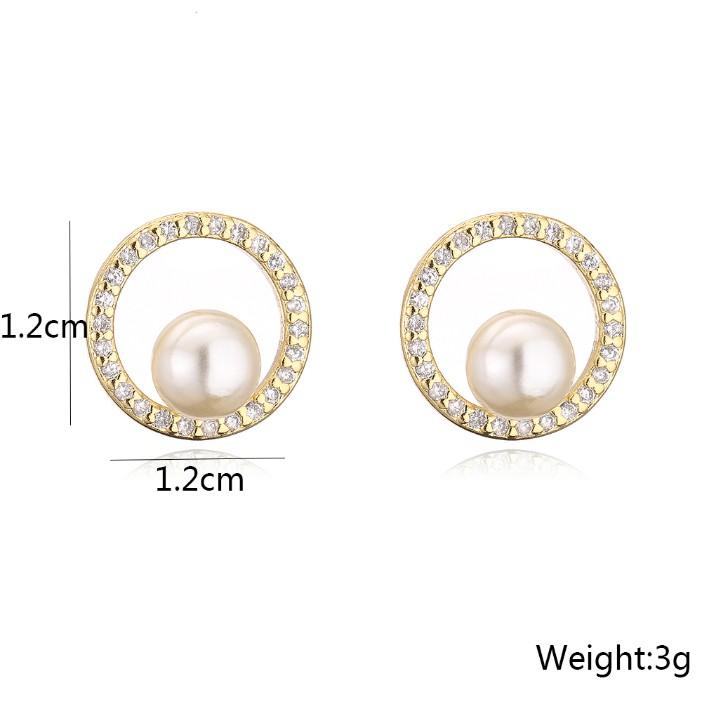Fashion Simple Copper Plated Real Gold Micro Inlaid Zircon Pearl Geometric Ear Studs display picture 6