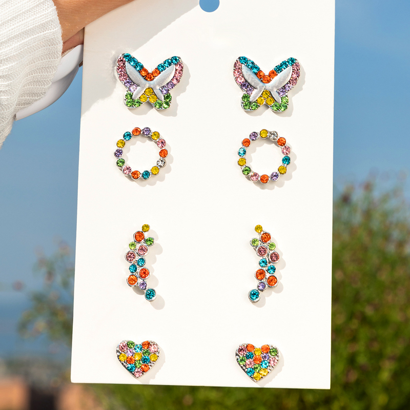 Einfache Unregelmäßige Farbe Diamant Schmetterling Herz Stud Ohrringe Vier-teiliges Set display picture 2